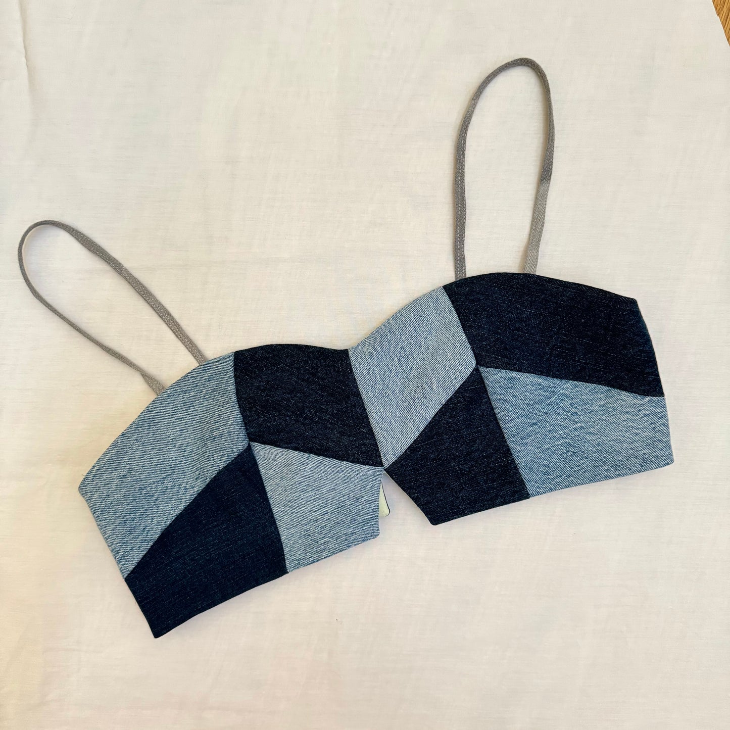 Patchwork Denim Crop Top with Back Tie Closure (M)