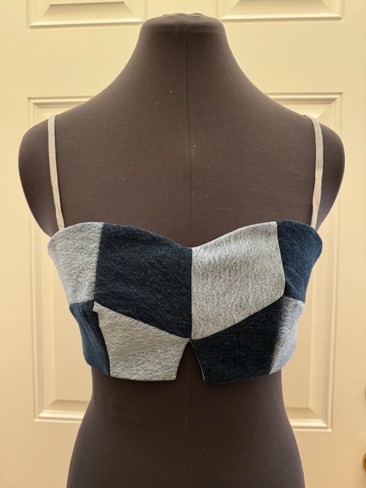 Patchwork Denim Crop Top with Back Tie Closure (M)