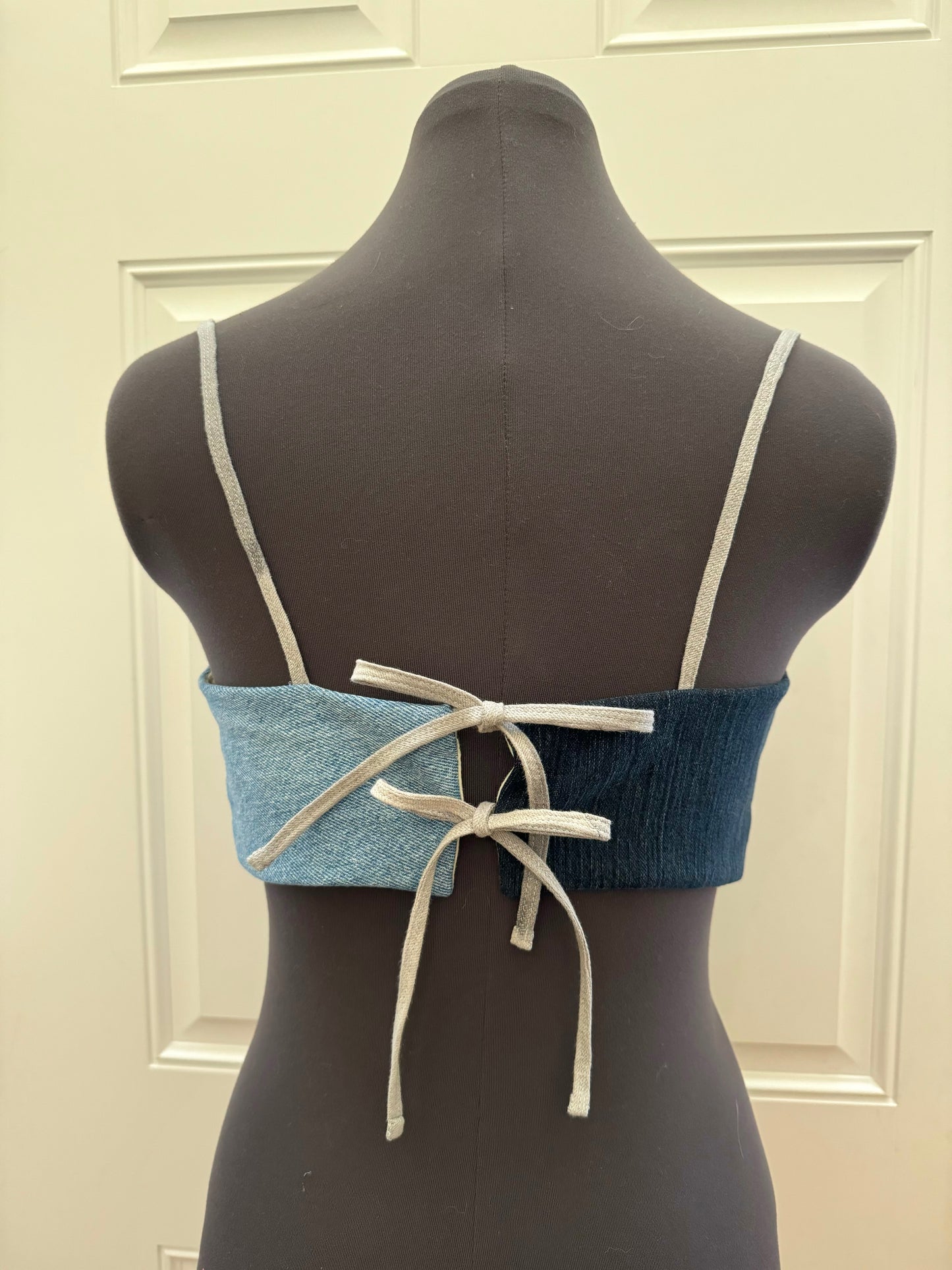 Patchwork Denim Crop Top with Back Tie Closure (M)